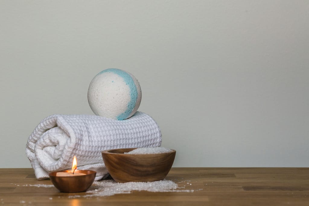 Epsom salt, towel, bath bomb